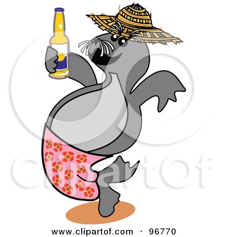 Royalty-Free (RF) Clipart Illustration of a Happy Seal Drinking Beer And Wearing Pink Shorts by Andy Nortnik