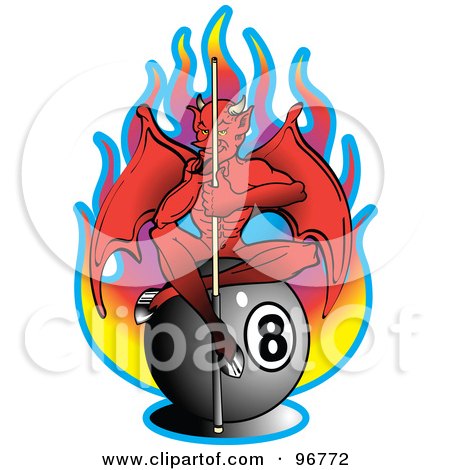 Royalty-Free (RF) Clipart Illustration of a Red Devil Holding A Cue Stick And Sitting On Top Of An Eight Ball In Front Of Flames by Andy Nortnik