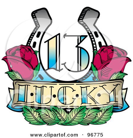 Royalty-Free (RF) Clipart Illustration of a Lucky 13 Horseshoe And RoseTattoo Design by Andy Nortnik