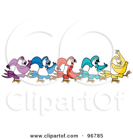Royalty-Free (RF) Clipart Illustration of a Border Of Walking Purple, Blue, Red, Turquoise And Yellow Parrots by Andy Nortnik