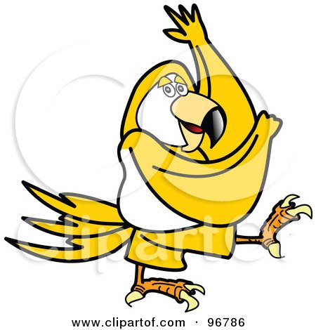 Royalty-Free (RF) Clipart Illustration of a Yellow Parrot Walking Or Dancing And Swinging Its Wings by Andy Nortnik