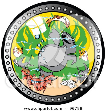 Royalty-Free (RF) Clipart Illustration of a Round Aquarium Window Looking In On Fish, A Crab And Sea Lion With Sea Weed by Andy Nortnik