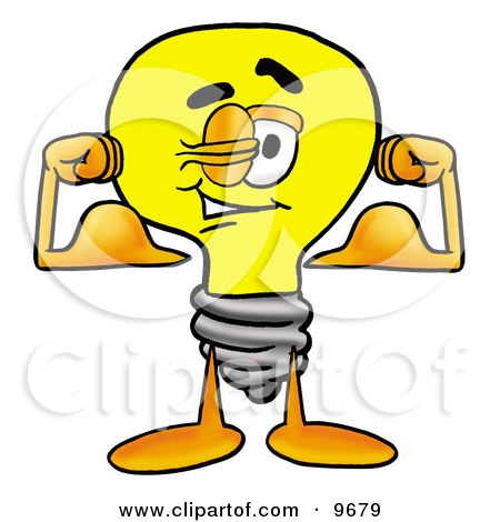 Clipart Picture of a Light Bulb Mascot Cartoon Character Flexing His Arm Muscles by Mascot Junction