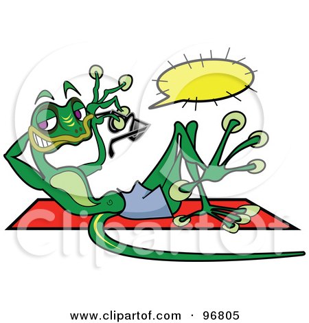 Royalty-Free (RF) Clipart Illustration of a Skinny Green Gecko Sun Bathing And Holding A Pair Of Shades, With A Text Balloon by Andy Nortnik