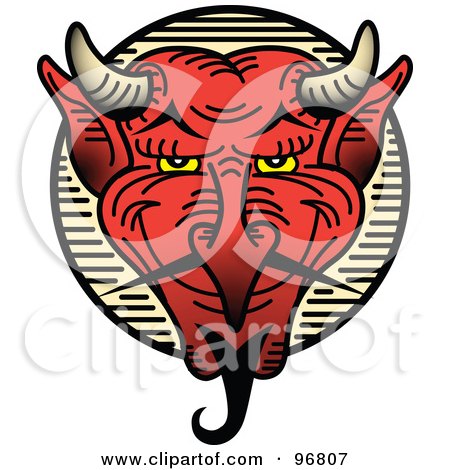 Royalty-Free (RF) Clipart Illustration of a Red Devil Face With An Evil Grin Tattoo Design by Andy Nortnik