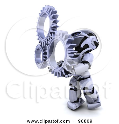 Royalty-Free (RF) Clipart Illustration of a 3d Silver Robot Holding A Network Of Cogs by KJ Pargeter