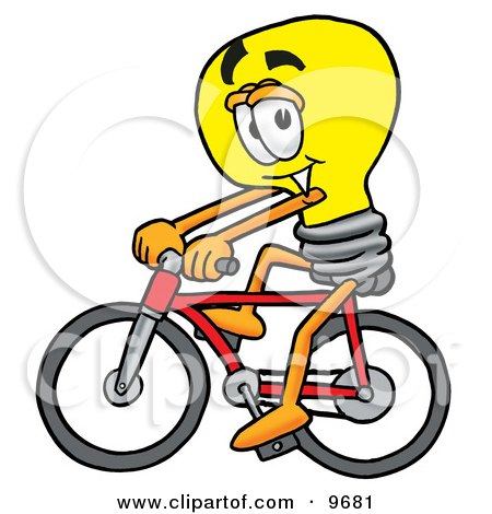 Clipart Picture of a Light Bulb Mascot Cartoon Character Riding a Bicycle by Mascot Junction