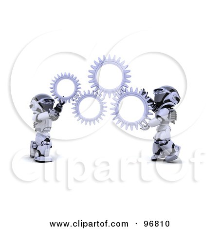 Royalty-Free (RF) Clipart Illustration of 3d Silver Robots Holding Up Cogs by KJ Pargeter