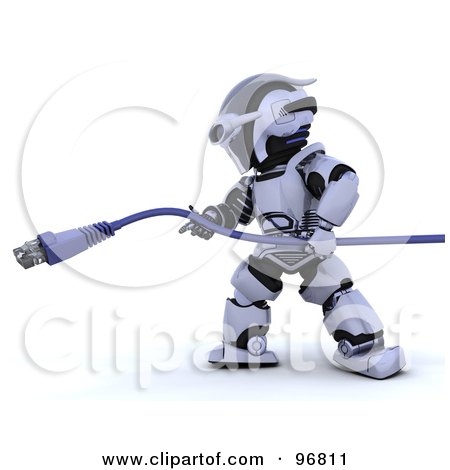 Royalty-Free (RF) Clipart Illustration of a 3d Silver Robot Pulling On A Blue Cable by KJ Pargeter
