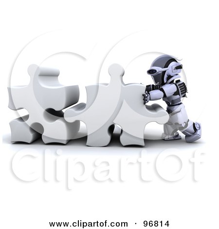 Royalty-Free (RF) Clipart Illustration of a 3d Silver Robot Connecting Puzzle Pieces by KJ Pargeter