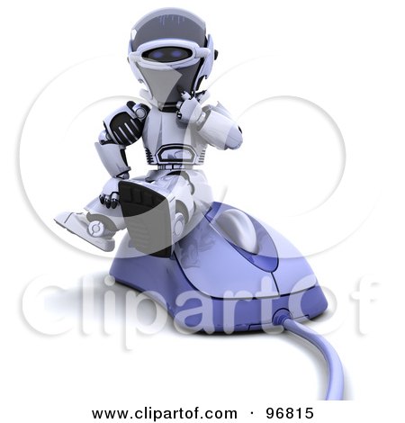 Royalty-Free (RF) Clipart Illustration of a 3d Silver Robot Sitting On A Large Computer Mouse by KJ Pargeter