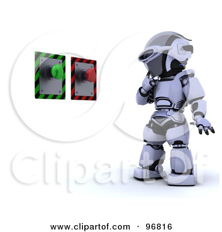 Royalty-Free (RF) Clipart Illustration of a 3d Silver Robot Trying To Decide Which Button To Push by KJ Pargeter