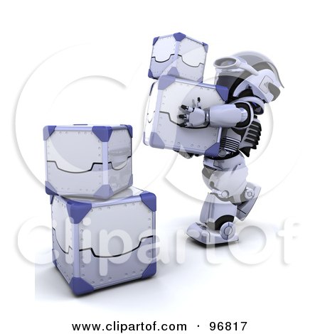 Royalty-Free (RF) Clipart Illustration of a 3d Silver Robot 3d Silver Robot Stacking Metal Boxes by KJ Pargeter