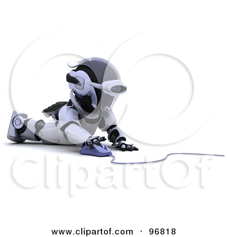 Royalty-Free (RF) Clipart Illustration of a 3d Silver Robot Using A Computer Mouse On The Floor by KJ Pargeter