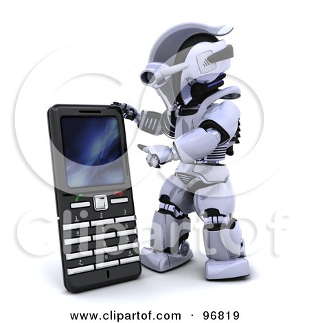 Royalty-Free (RF) Clipart Illustration of a 3d Silver Robot Using A Giant Cell Phone by KJ Pargeter