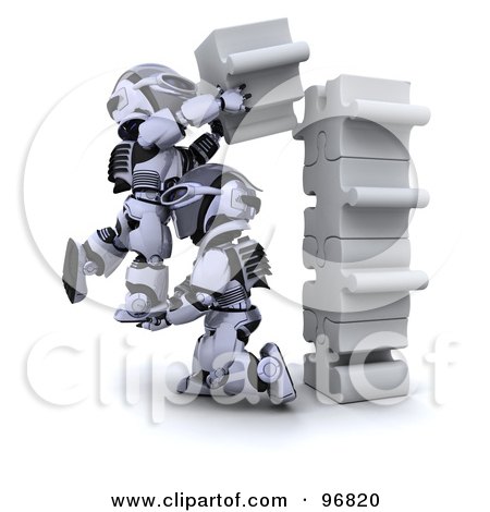 Royalty-Free (RF) Clipart Illustration of 3d Silver Robots Connecting Jigsaw Puzzle Pieces by KJ Pargeter