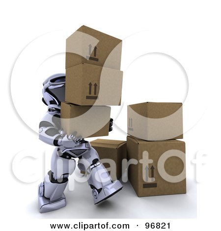 Royalty-Free (RF) Clipart Illustration of a 3d Silver Robot Carrying Cardboard Boxes by KJ Pargeter