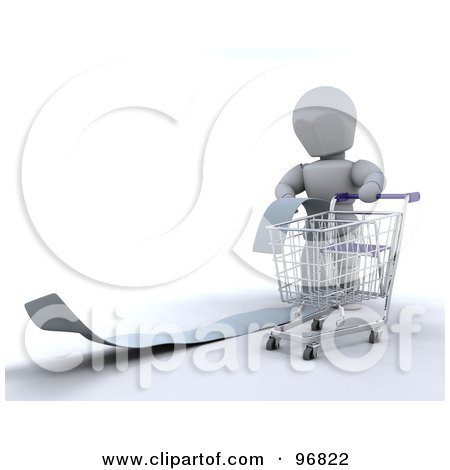 Royalty-Free (RF) Clipart Illustration of a 3d White Character Reading A Long Shopping List And Pushing A Cart by KJ Pargeter