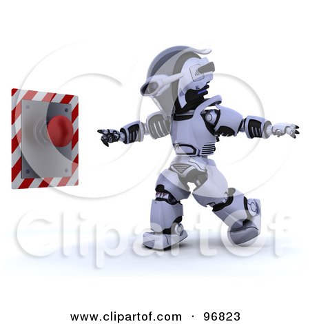 Royalty-Free (RF) Clipart Illustration of a 3d Silver Robot Reaching To Push A Red Button by KJ Pargeter
