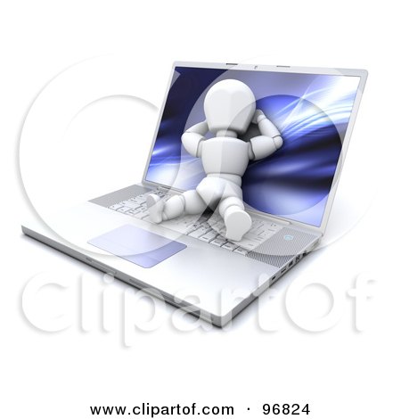 Royalty-Free (RF) Clipart Illustration of a 3d White Character Reclined And Resting On A Large Laptop by KJ Pargeter