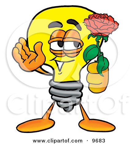 Clipart Picture of a Light Bulb Mascot Cartoon Character Holding a Red Rose on Valentines Day by Mascot Junction
