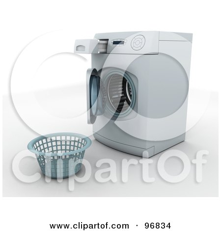 Royalty-Free (RF) Clipart Illustration of an Empty Laundry Basket In Front Of An Open Front Loader Washing Machine by KJ Pargeter