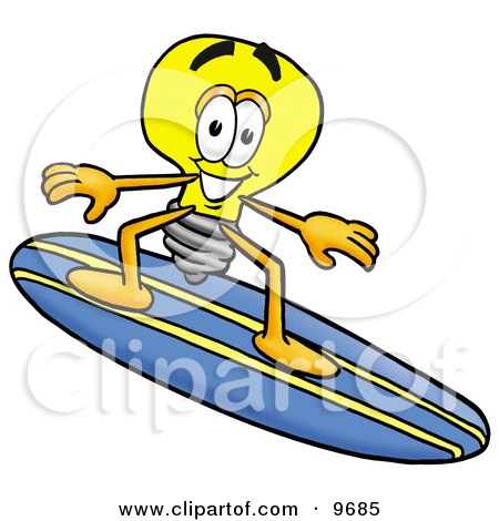 Clipart Picture of a Light Bulb Mascot Cartoon Character Surfing on a Blue and Yellow Surfboard by Mascot Junction