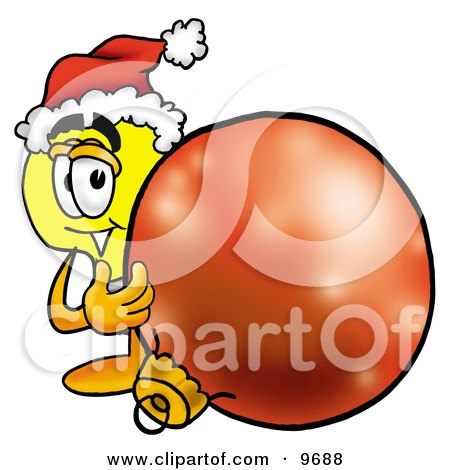 Clipart Picture of a Light Bulb Mascot Cartoon Character Wearing a Santa Hat, Standing With a Christmas Bauble by Mascot Junction