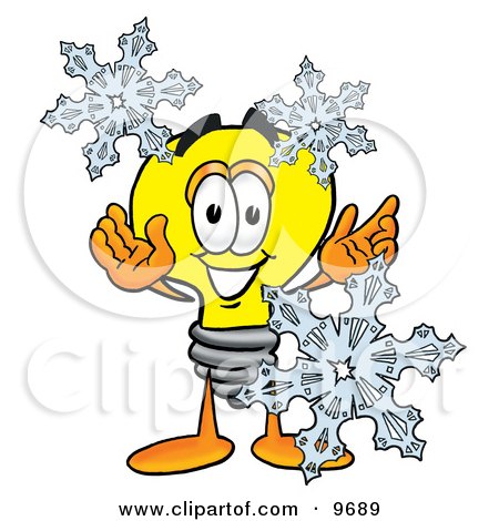 Clipart Picture of a Light Bulb Mascot Cartoon Character With Three Snowflakes in Winter by Mascot Junction
