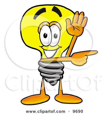 Clipart Picture of a Light Bulb Mascot Cartoon Character Waving and Pointing by Mascot Junction