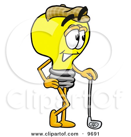 Clipart Picture of a Light Bulb Mascot Cartoon Character Leaning on a Golf Club While Golfing by Mascot Junction