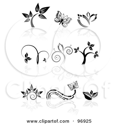 Royalty-Free (RF) Clipart Illustration of a Digital Collage Of Black And White Floral And Butterfly Logo Icon Designs by MilsiArt