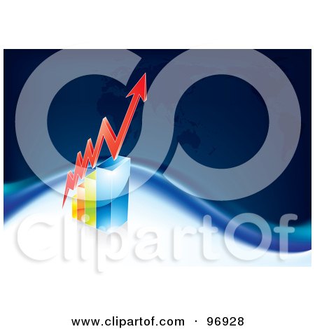 Royalty-Free (RF) Clipart Illustration of a Red Arrow Showing Profit, Rising Over A Bar Graph With A Blue Map Background by MilsiArt