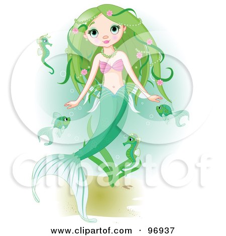 Royalty-Free (RF) Clipart Illustration of a Beautiful Green Haired Mermaid Swimming With Fish And Seahorses by Pushkin
