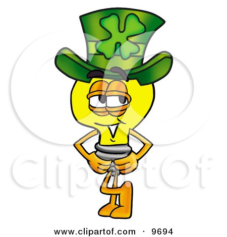 Clipart Picture of a Light Bulb Mascot Cartoon Character Wearing a Saint Patricks Day Hat With a Clover on it by Mascot Junction