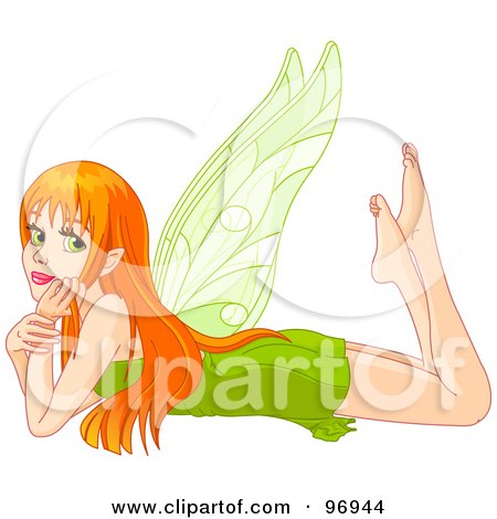 Royalty-Free (RF) Clipart Illustration of a Bored Red Haired Fairy Resting Her Head In Her Arms And Laying On Her Belly by Pushkin