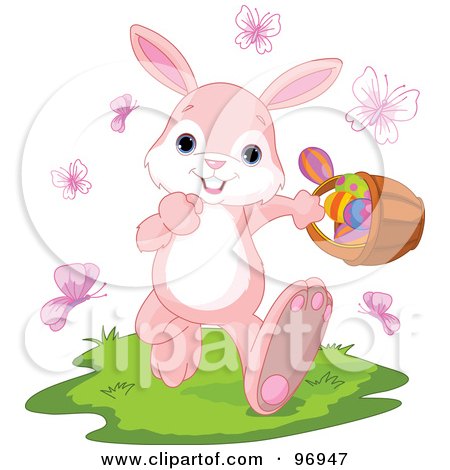 Royalty-Free (RF) Clipart Illustration of a Jolly Pink Bunny Walking Through Butterflies And Grass While Carrying An Easter Basket Of Eggs by Pushkin