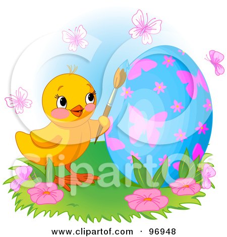 Royalty-Free (RF) Clipart Illustration of an Easter Chick Surrounded By Butterflies, Painting An Egg by Pushkin