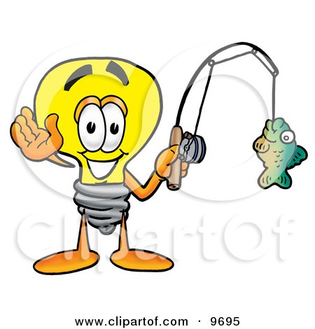Clipart Picture of a Light Bulb Mascot Cartoon Character Holding a Fish on a Fishing Pole by Mascot Junction