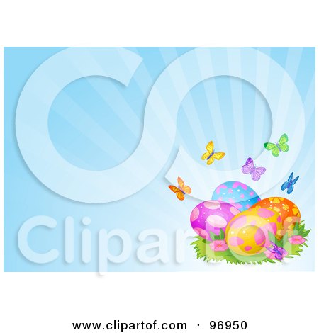 Royalty-Free (RF) Clipart Illustration of Colorful Butterflies And Patterned Easter Eggs On A Shining Blue Background by Pushkin