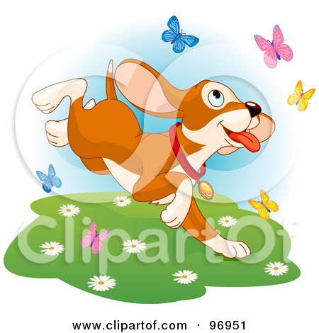 Royalty-Free (RF) Clipart Illustration of a Happy Dog Chasing Colorful Butterflies Through A Spring Meadow by Pushkin