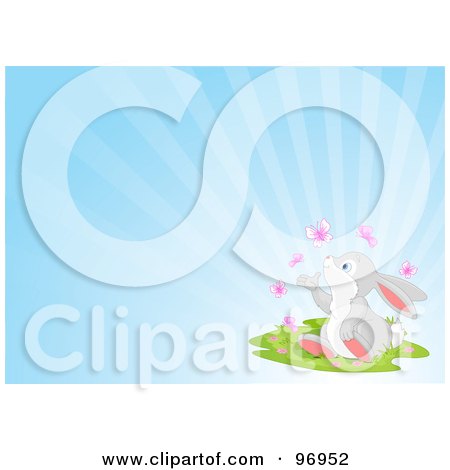 Royalty-Free (RF) Clipart Illustration of a Gray Easter Bunny Sitting In Grass And Watching Butterflies, Over A Shining Blue Background by Pushkin
