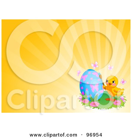 Royalty-Free (RF) Clipart Illustration of an Easter Chick Painting A Blue Egg With Butterflies Over An Orange Shining Background by Pushkin
