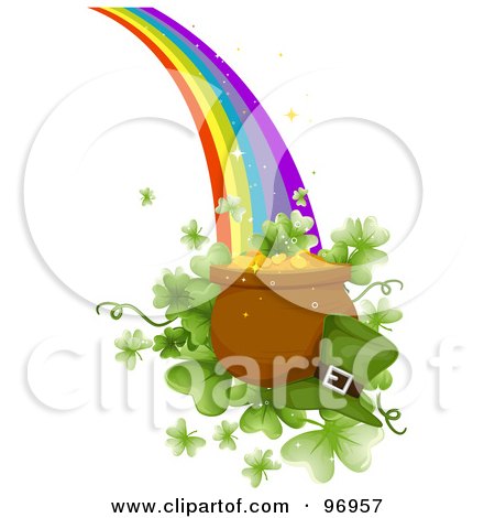 Royalty-Free (RF) Clipart Illustration of a Green Leprechauns Hat By A Pot Of Gold Over Giant Clovers At The End Of A Rainbow by BNP Design Studio