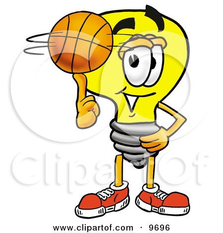 Clipart Picture of a Light Bulb Mascot Cartoon Character Spinning a Basketball on His Finger by Mascot Junction