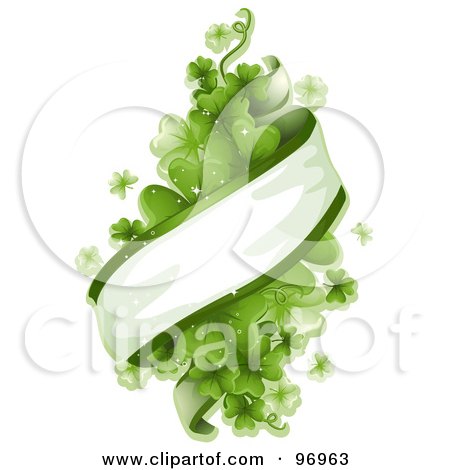 Royalty-Free (RF) Clipart Illustration of a Ribbon Banner Wrapping Around A Bunch Of Magical Green Shamrocks by BNP Design Studio
