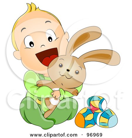 Royalty-Free (RF) Clipart Illustration of a Blond Baby Boy Hugging A Bunny By Easter Eggs by BNP Design Studio