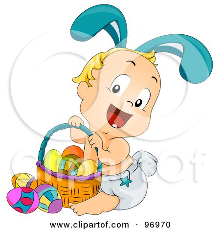 Royalty-Free (RF) Clipart Illustration of a Blond Baby Wearing Bunny Ears And Sitting By An Easter Basket by BNP Design Studio