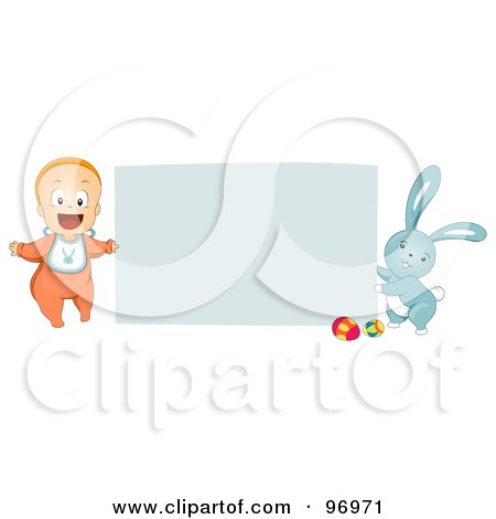 Royalty-Free (RF) Clipart Illustration of a Happy Baby And Easter Bunny Holding Up A Blank Sign by BNP Design Studio