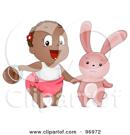 Royalty-Free (RF) Clipart Illustration of a Black Baby Girl Carrying A Basket And Holding Hands With An Easter Bunny by BNP Design Studio